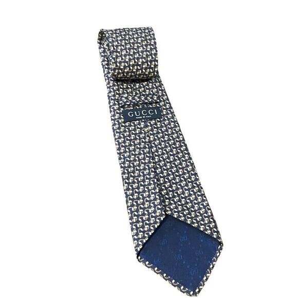 Gucci Modern Neck Tie Italy Made Geometric Ribbon AOP Navy Blue Men - Picture 2 of 7
